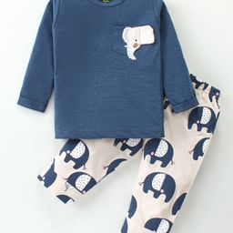 Pepito Cotton Knit Full Sleeves Night Suit With Elephant Print & Applique - Navy & Grey-image-45