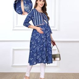 Bella Mama Woven Three Fourth Sleeves Jacket Style Maternity Kurta With Floral Print & Pocket - Blue-image-65