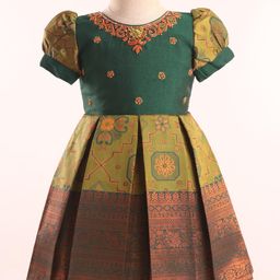 Enfance Half Puffed Sleeves Beads Embellished & Embroidered Banarasi Printed Pattu Pavdai Dress - Mehandi-image-15