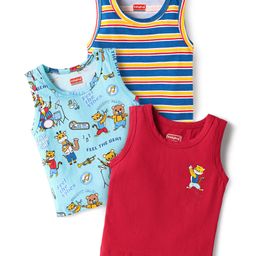 Babyhug 100% Cotton single Jersey Knit Sleeveless Sandos With Striped & Animal Print Pack Of 3 - Red Blue & Light Blue-image-71