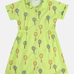 MINI KLUB Cotton Half Sleeves Tennis Racket Printed Shirt Style Dress - Lime Green-image-98