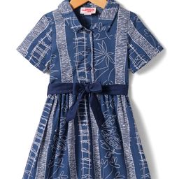 Under Fourteen Only Half Sleeves Abstract Printed Dress With Belt - Blue-image-32