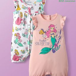 Babyoye Disney Interlock Knit Frill Sleeve Rompers with Disney Princess Graphics Pack of 2 - White & Peach-image-92