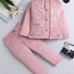 Fourfolds Full Sleeves Floral & Chevron Embroidered 3 Piece Part Suit Set - Pink-77
