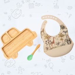 StarKiddo Rider Bamboo Suction Plates with Weaning Spoon and Cute Adjustable Printed Bib for Baby and Toddler - Green-Beige-image-23
