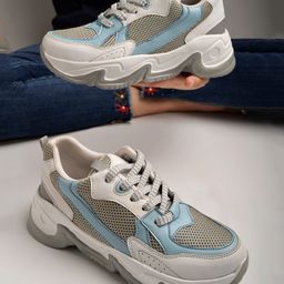 Shoetopia Mesh Detailed Colour Blocked Lace Up Sneakers - Grey-image-92