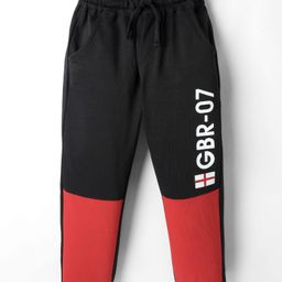 Olio Kids Cotton Knit Full Length Cut & Sew Track Pant with Text Print - Black-image-91