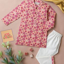 Desi Soota Cotton Woven Full Sleeves Mandala & Floral Printed Kurta & Coordinating Pyjama Set - Pink-image-54