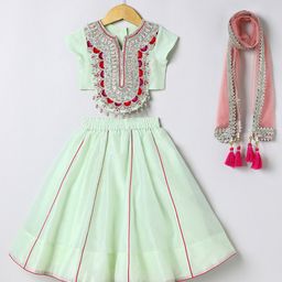 BYB Premium Chanderi Woven Short Sleeves Floral Embroidered Drop Pearls Embellished Lehenga Choli With Dupatta Set - Sea Green-image-46