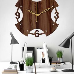 Freny Exim Brown & Gold-Toned Textured S Cut Shape Wooden Wall Clock-49