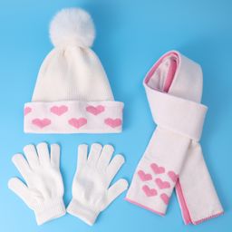kookie kids Pine Kids Woolen Pom Pom Applique & Hearts Printed Cap With Muffler & Pair Of Gloves - Off White image 2