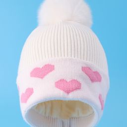 kookie kids Pine Kids Woolen Pom Pom Applique & Hearts Printed Cap With Muffler & Pair Of Gloves - Off White image 5