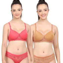 AROUSY Pink & Brown Self Pattern Bra Panty Set - Pack Of 2-image-81