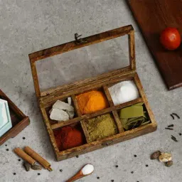eCraftIndia Brown Wooden 6-in-1 Compartment Spice Box-14