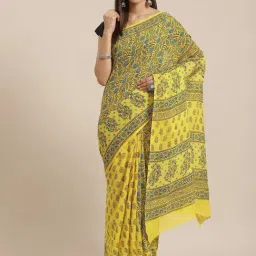 Kalakari India Yellow Cotton Printed Saree With Unstitched Blouse-picture-41