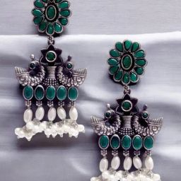 OOMPH Green Peacock Drop Earrings-10
