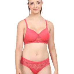 AROUSY Pink Self Pattern Bra Panty Set-image-81