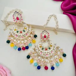 Abdesigns Gold-Tone Plated Meenakari Kundan Studded And Beaded Minimal Dangler Earrings-2