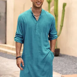 Anouk Blue Mandarin Collar Roll-Up Sleeves Cotton Straight Kurta-image-8