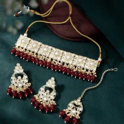 Peora Gold Plated Maroon Kundan Choker Necklace Earrings Maangtikka Ethnic Jewellery Set for Women-6
