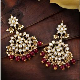 Peora Gold Plated Kundan Maroon Faux Pearl Chand Bali Earrings-image-73