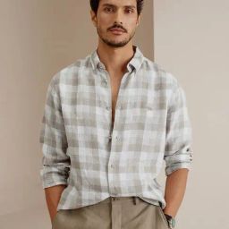 ANDAMEN Grey Slim Fit Check Linen Shirt-image-32