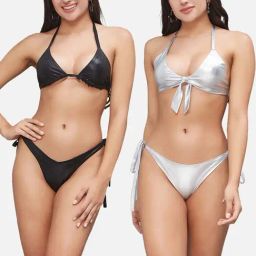 Secrets By ZeroKaata Black & Sliver Plain Swimwear Bikini-image-69