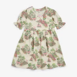 Utsa Kids by Westside Off-White Scenic Print Cotton-Blend A-Line Dress-image-73