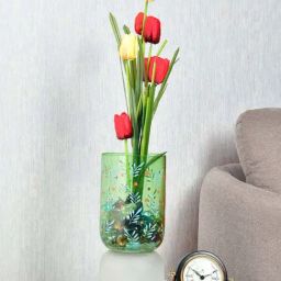@home Green Glass Hand-Painted Dual Arch Leaf Design Small Vase-image-1