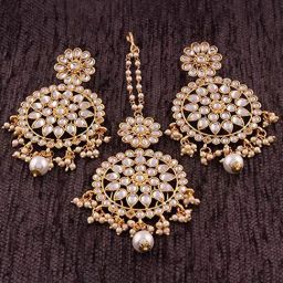 Peora Gold-Plated Traditional Kundan & Pearl Earring with Maang Tikka Set-image-87