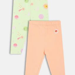 Miniklub Girls Green & Orange Cotton Printed Leggings - Pack Of 2-image-47