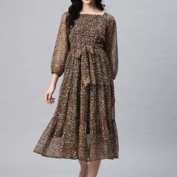 Cottinfab Brown Printed Casual Dress-image-49