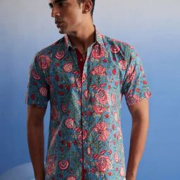 Vastramay Aqua Blue Cotton Regular Fit Printed Shirt-image-74