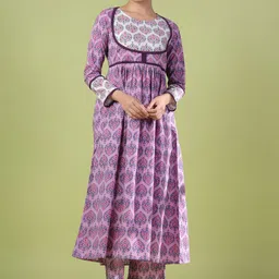 anayna Women Floral Printed Angrakha Pure Cotton Kurta with Trousers-picture-28