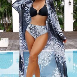 Plus Curvves Animal Printed 3 Pieces Swimwear Cover Up Set-image-64