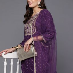 Indo Era Women Floral Yoke Design Regular Sequinned Kurta with Trousers & Dupatta-image-25
