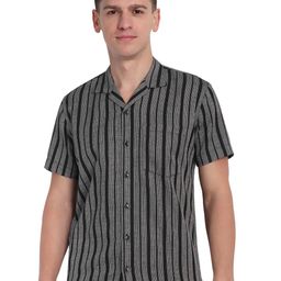 Garment Globe Standard Slim Fit Striped Cuban Collar Cotton Casual Shirt-image-52