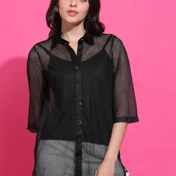 SAFFE Women Self Design Shirt Collar Sheer Longline Shirt Style Top With Inner Shirt-picture-26