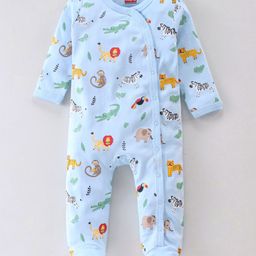 Babyhug Cotton Knit Full Sleeves Sleep Suit With Animal Print - Blue-picture-21