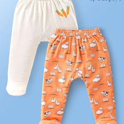 Babyoye 100% Organic Cotton With Eco Jiva Finish Bootie Leggings With Farm Animals Print Pack of 2 - Orange & White-image-20
