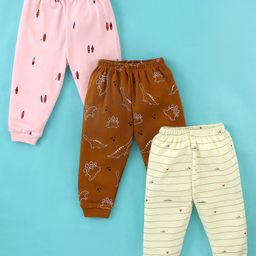 Mini Donuts Cotton Full Length Lounge Pants Stripes & Dino Print Pack Of 3 - Brown Peach & Yellow-image-9