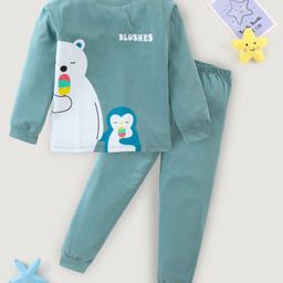 BLUSHES Full Sleeves Polar Bear & Penguin Placement Printed Tee With Pajama - Olive Green-image-21