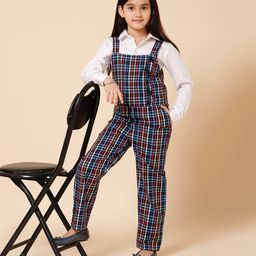 Piccolo Full Sleeves Solid Shirt With Gingham Checked Dungaree - Multi Color-image-95
