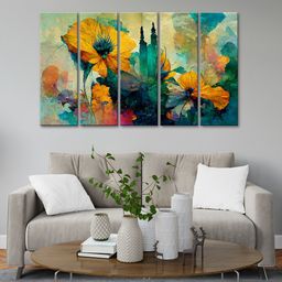 999Store 5 Piece Orange Flower With Abstract Effect Background Wall Art Panels - Multicolor-13