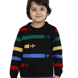 JoE Hazel Full Sleeves Striped & Aeroplane Design Detailed Acrylic Pullover - Black-picture-0