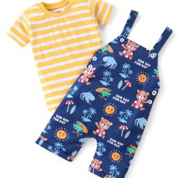 Babyhug Single Jersey Knit Dungarees & Half Sleeves Striped T-Shirt with Teddy Print - Orange & Blue-image-84