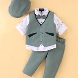 Robo Fry  Cotton Knit  Full Sleeves Anchor Printed 3 Piece Party Suit with Hat & Bow -  Green-image-65