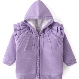 Babyhug Knitted Full Sleeves Front Open Hooded Sweater with Frill Detailing - Lavender-image-84