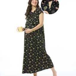 Bella Mama Cotton Knit Half Sleeves Concealed Zipper Floral Print Nighty - Black-picture-8
