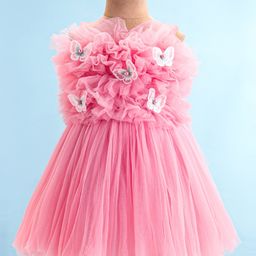 Bluebell Net Sleeveless Party Frock with Corsage & Butterfly Applique - Pink-image-0